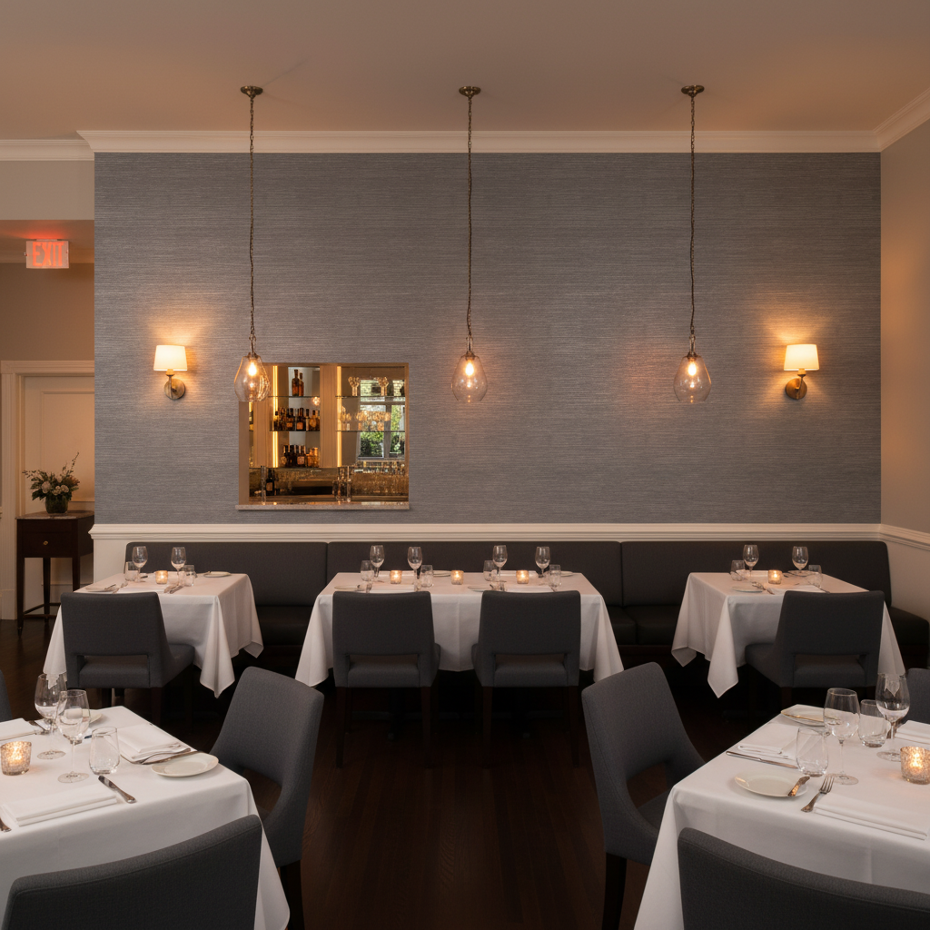 Moroccan Grey Horizontal Tight Emboss | Hollywood Wallcoverings - Restaurant Dining commercial room setting