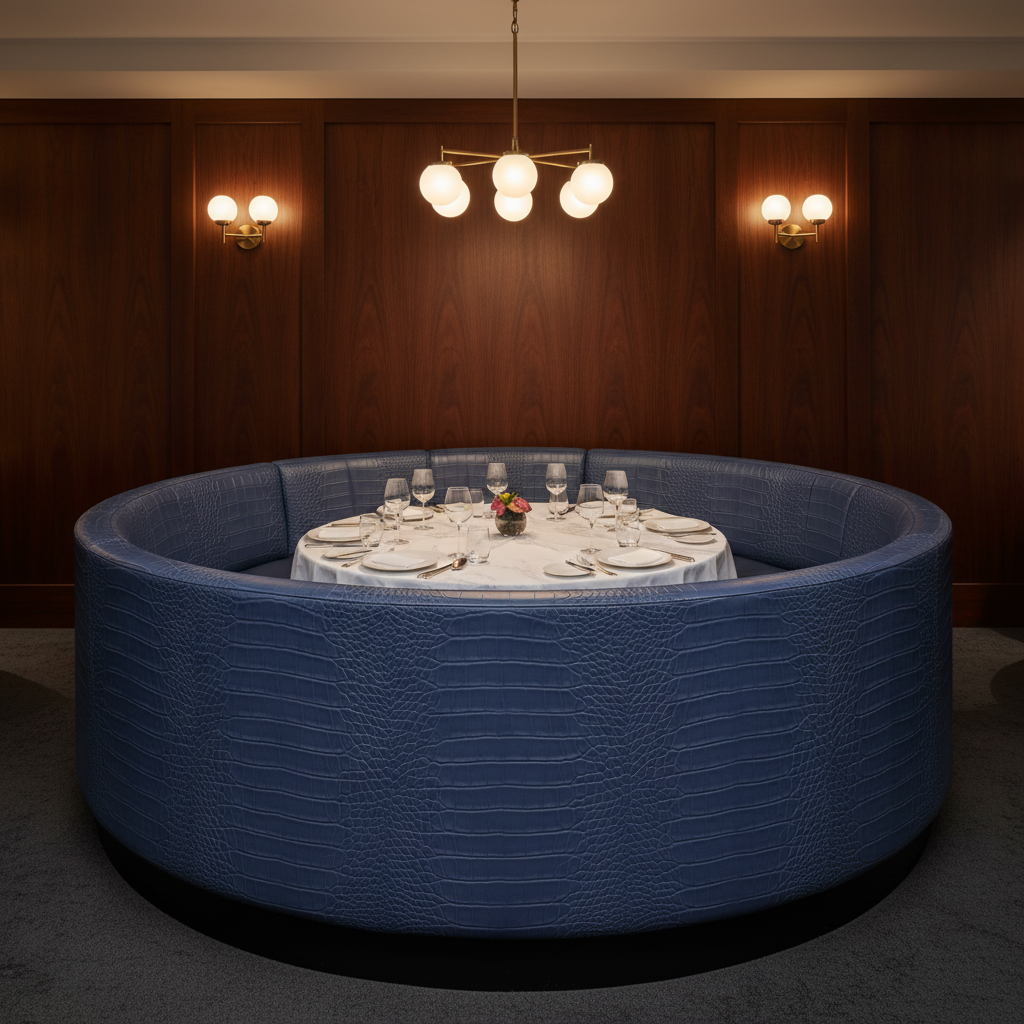 Embossed Reptile Scale Deep Indigo Upholstered Banquette | Architectural Fabrics