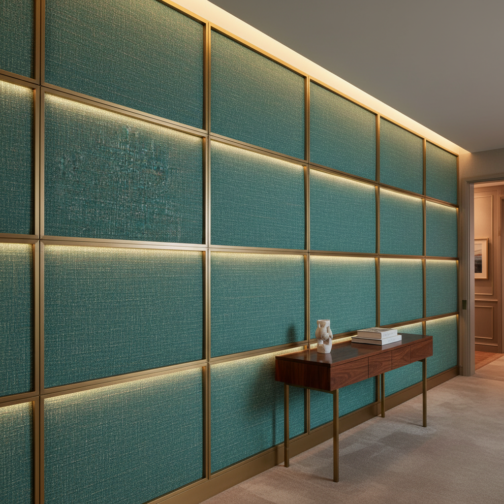 Woven Textured Grid Teal Patina Upholstered Wall Panel | Architectural Fabrics