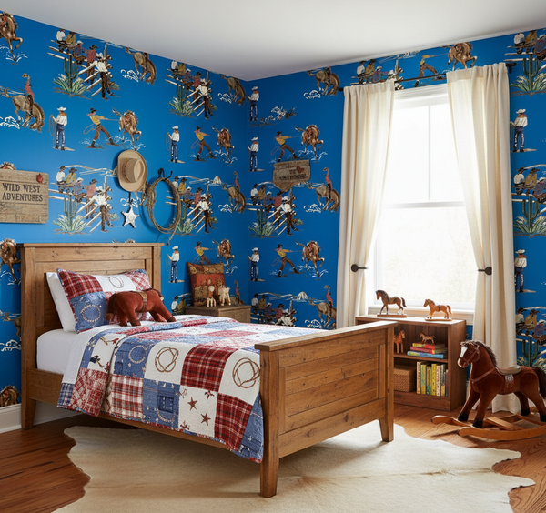 The Original Yeeha 1950's Cowboy - True Blue Mid-Century Modern | Architectural Wallcoverings - Boys Bedroom Room Setting