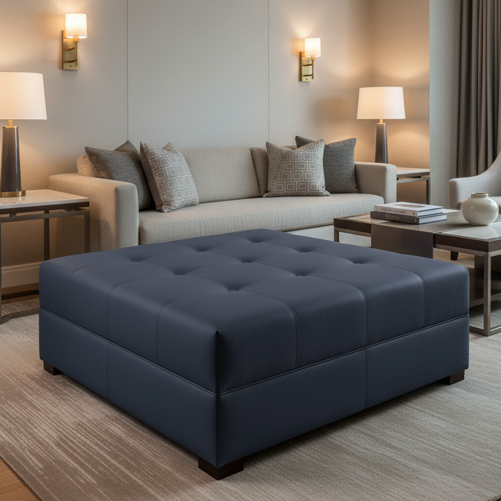 Smooth Matte Texture Deep Indigo Upholstered Ottoman | Architectural Fabrics