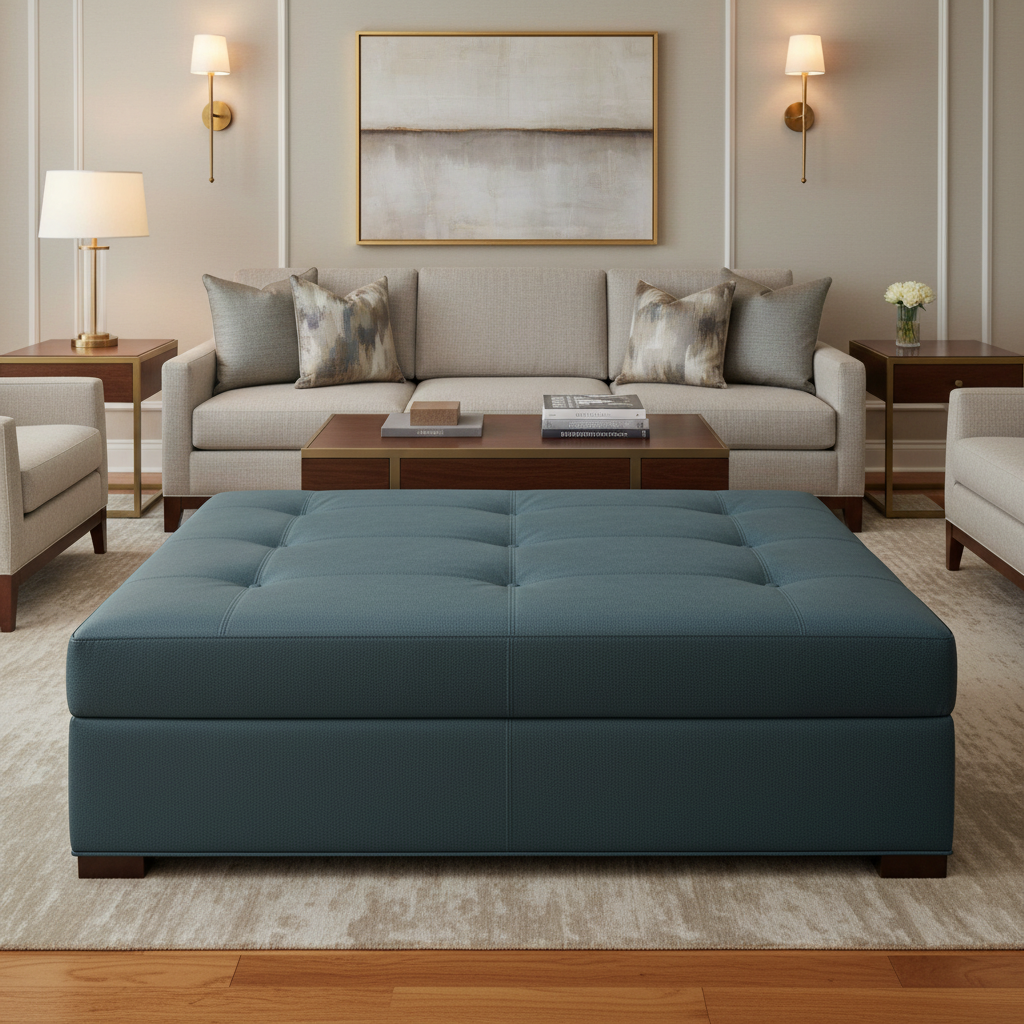 Smooth Pebble Grain Deep Teal Upholstered Ottoman | Architectural Fabrics
