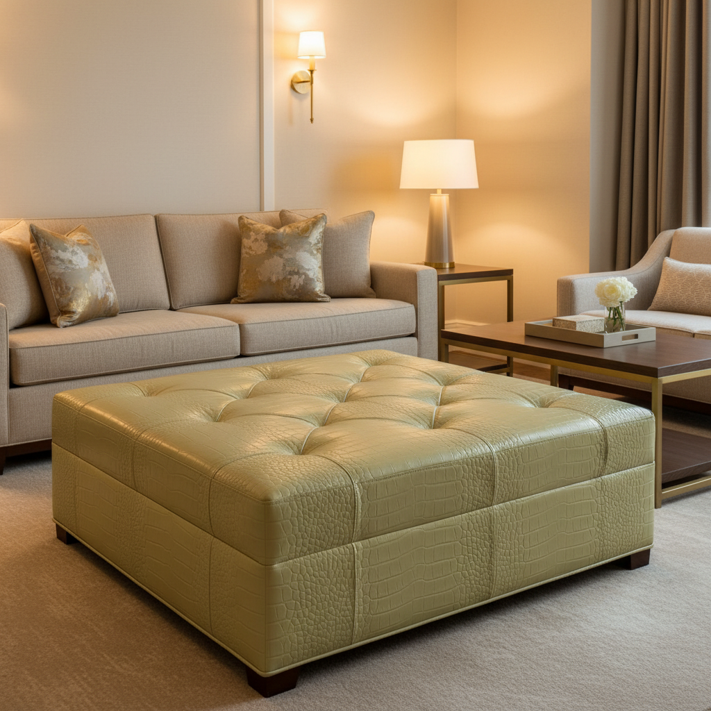 Embossed Reptile Skin Pale Olive Upholstered Ottoman | Architectural Fabrics