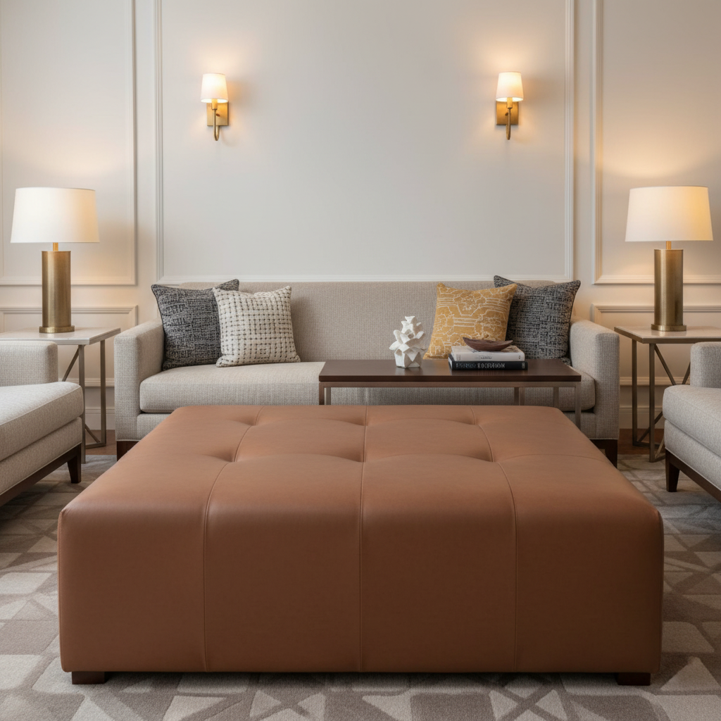 Smooth Leather Grain Sienna Brown Upholstered Ottoman | Architectural Fabrics