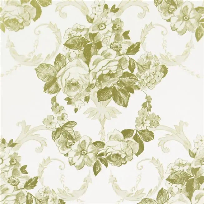 Wharton Floral Damask 5 Green & Champagne Wallpaper | Designers Guild Europe