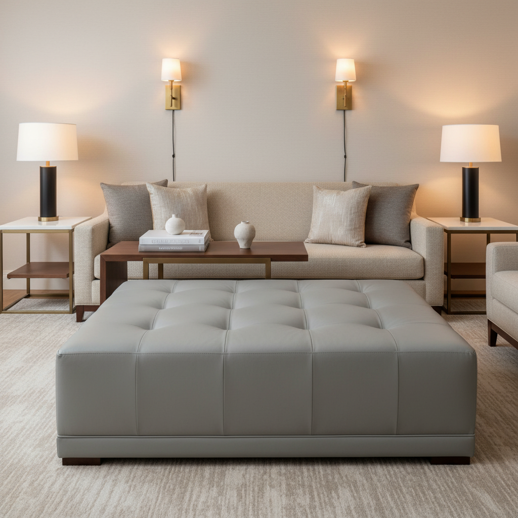 Smooth Concrete Texture Soft Gray Upholstered Ottoman | Architectural Fabrics
