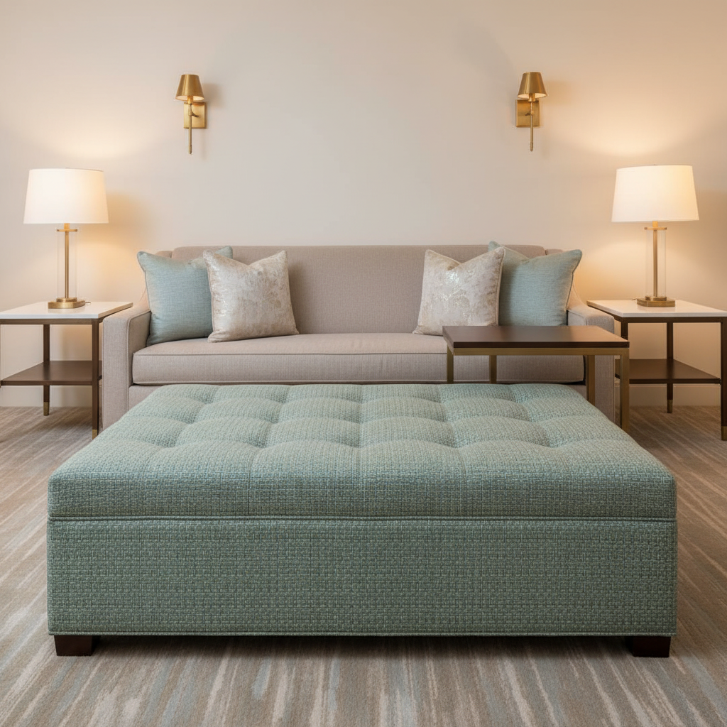 Woven Basketweave Texture Seafoam Mist Upholstered Ottoman | Architectural Fabrics