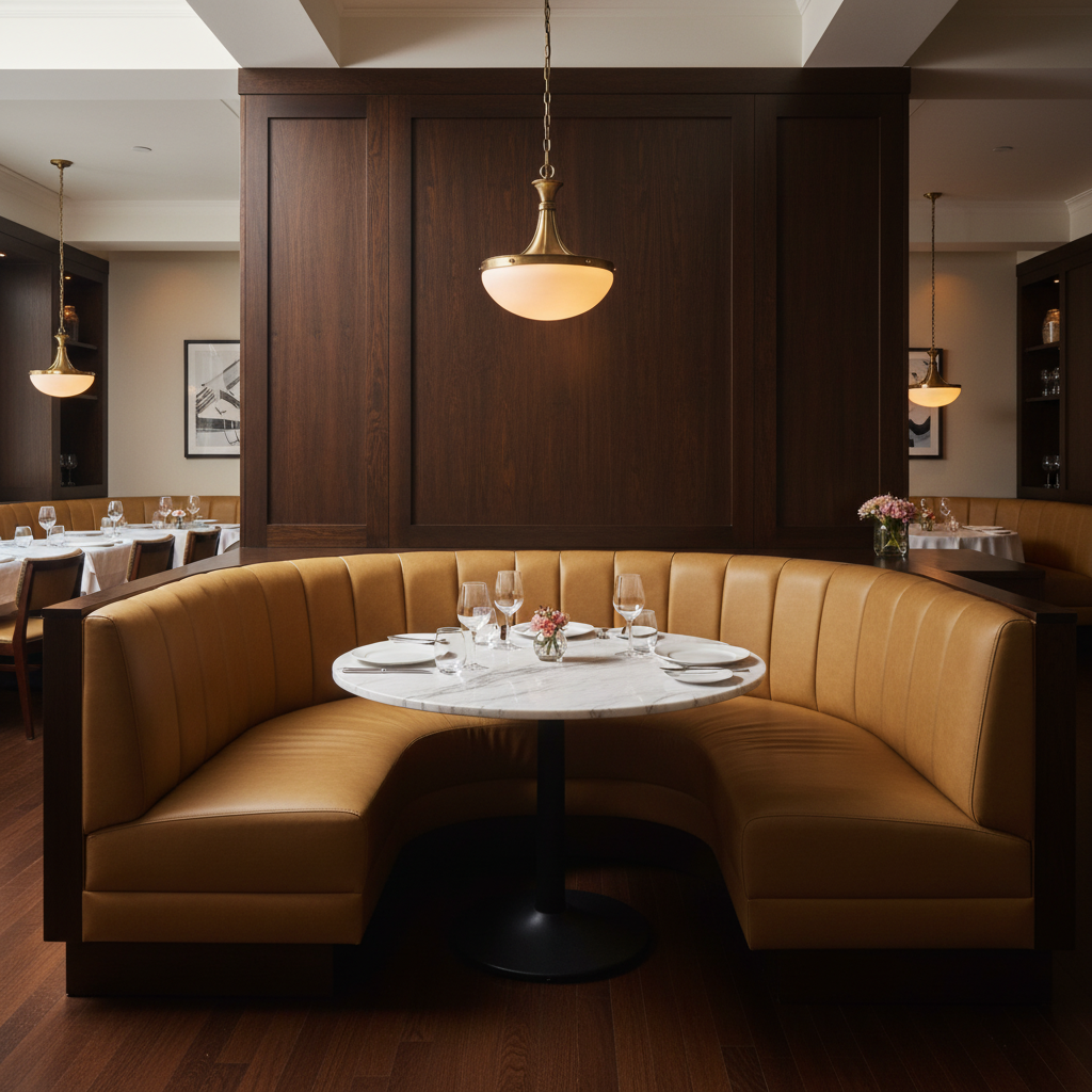 Fine Pebble Grain Golden Tan Upholstered Banquette | Architectural Fabrics