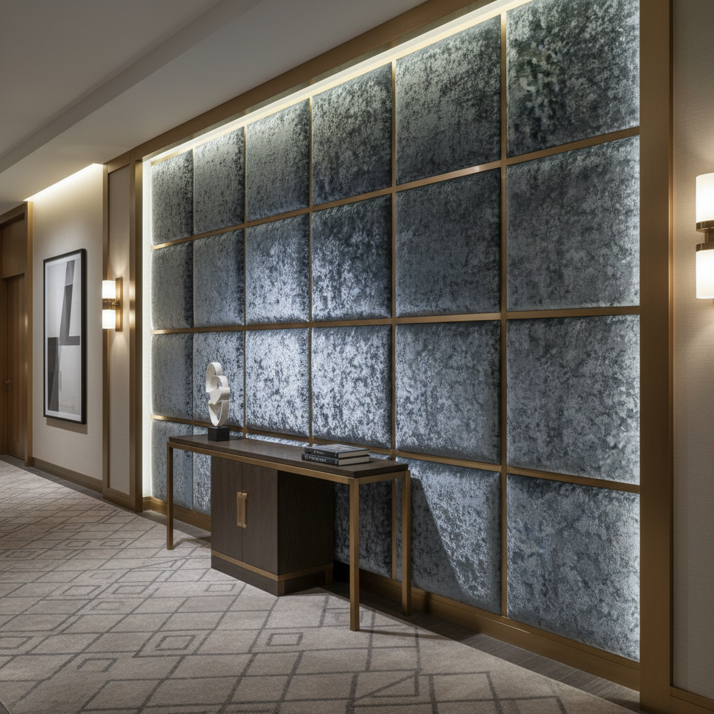 Crushed Velvet Texture Slate Blue Upholstered Wall Panel | Architectural Fabrics