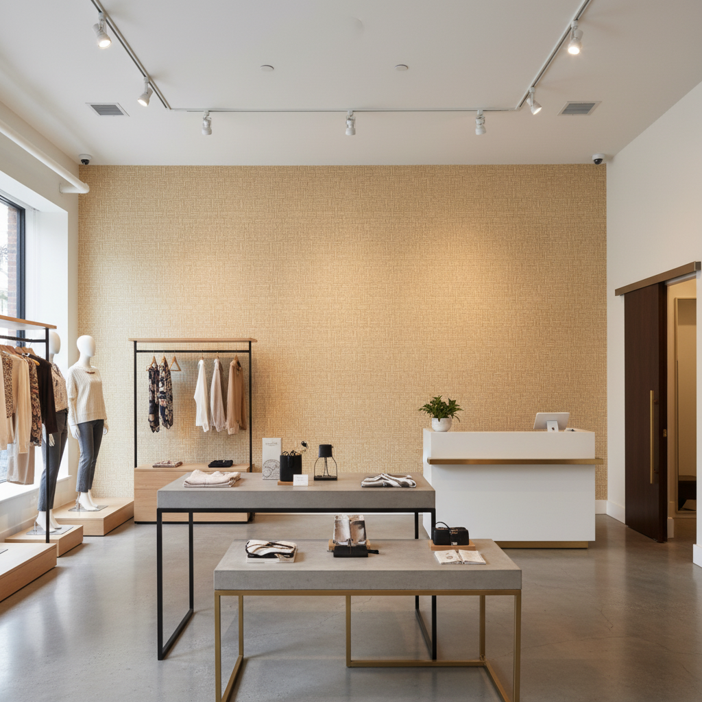 Moroccan Cream Basketweave | Hollywood Wallcoverings - Retail Showroom commercial room setting