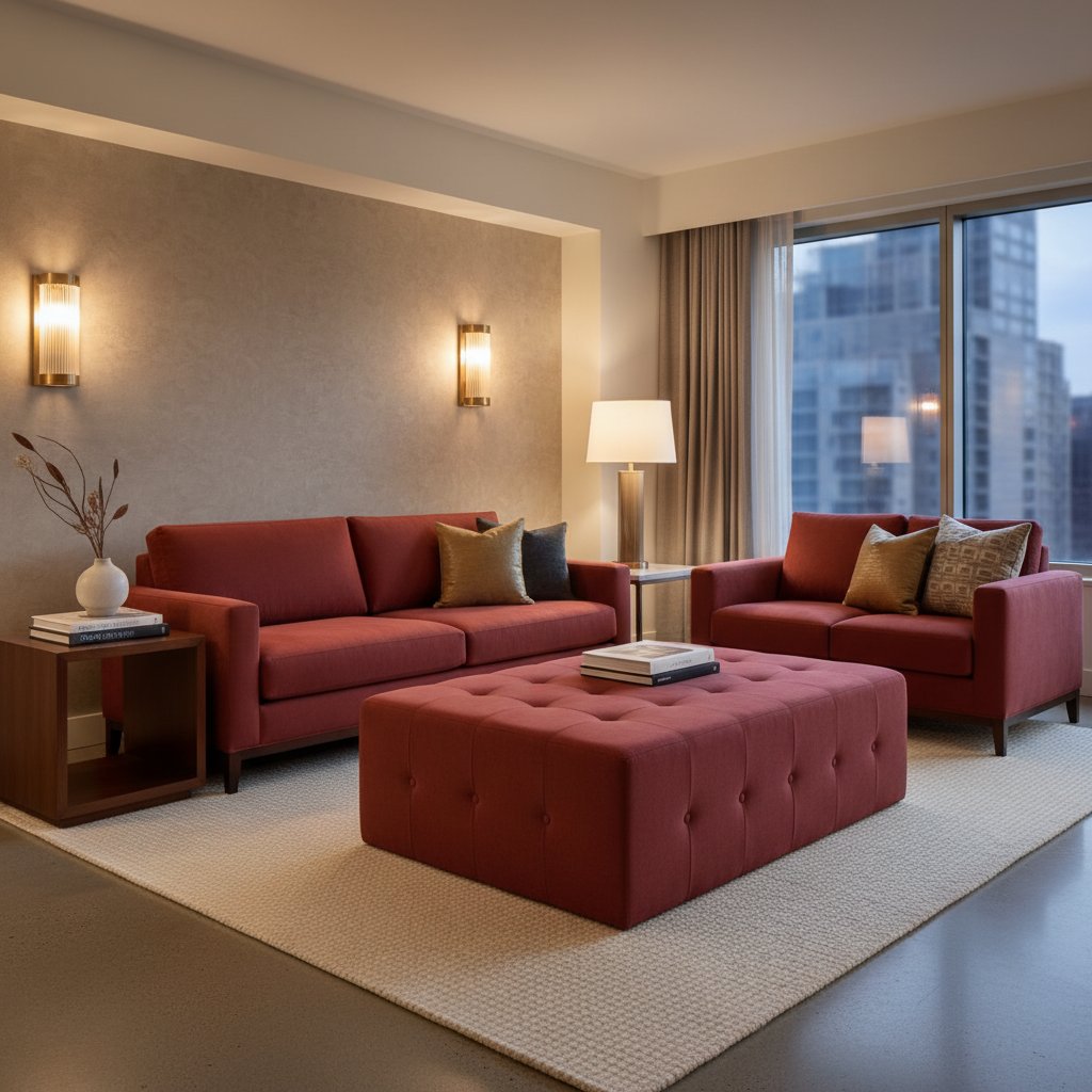 Ultrasuede Mulberry Red Upholstered Ottoman | Ultrasuede Upholstery