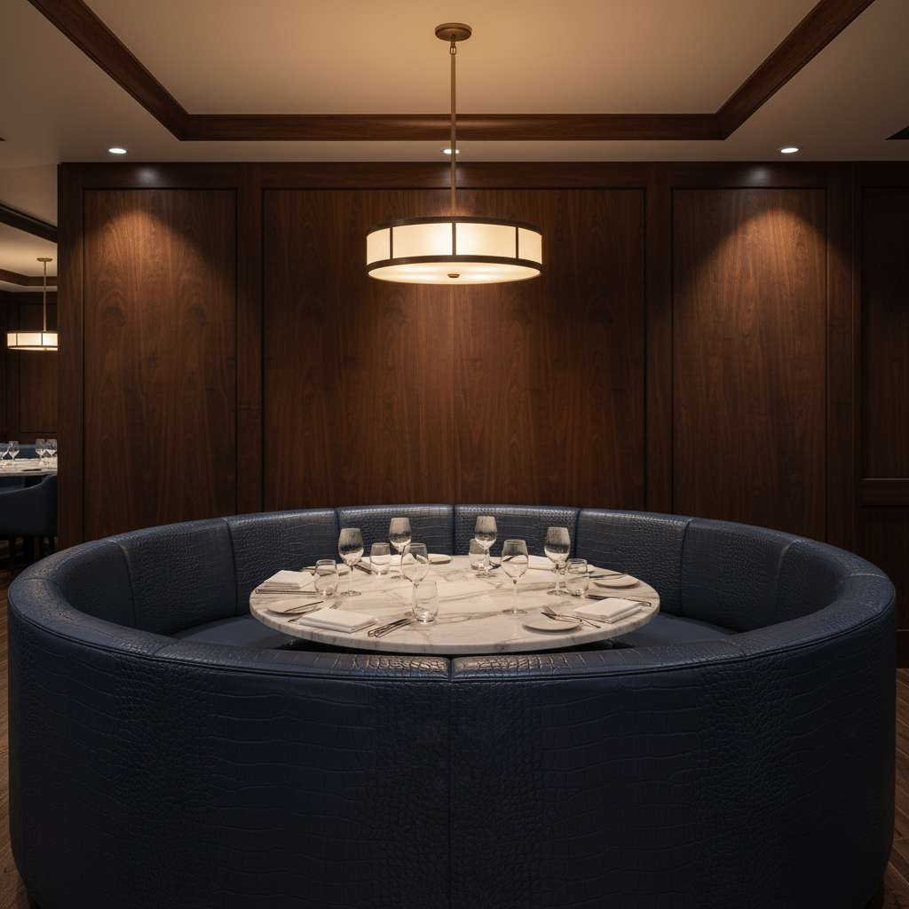 Embossed Reptile Scale Deep Indigo Upholstered Banquette | Architectural Fabrics