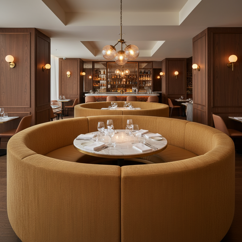 Fine Vertical Texture Golden Tan Upholstered Banquette | Architectural Fabrics