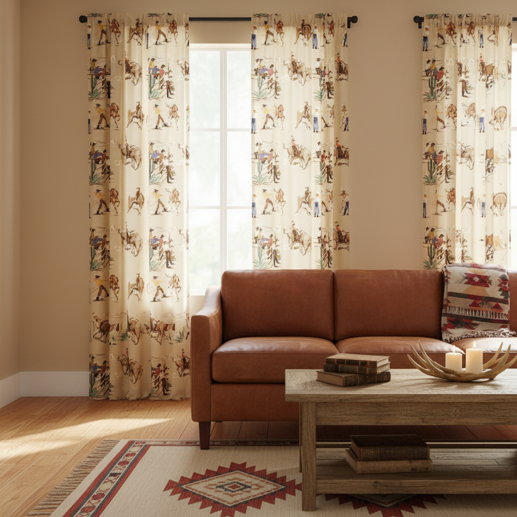 Yeeha Cowboy Organic Cotton Sateen Fabric - Cream - Cowboy Drapes Living Room Setting