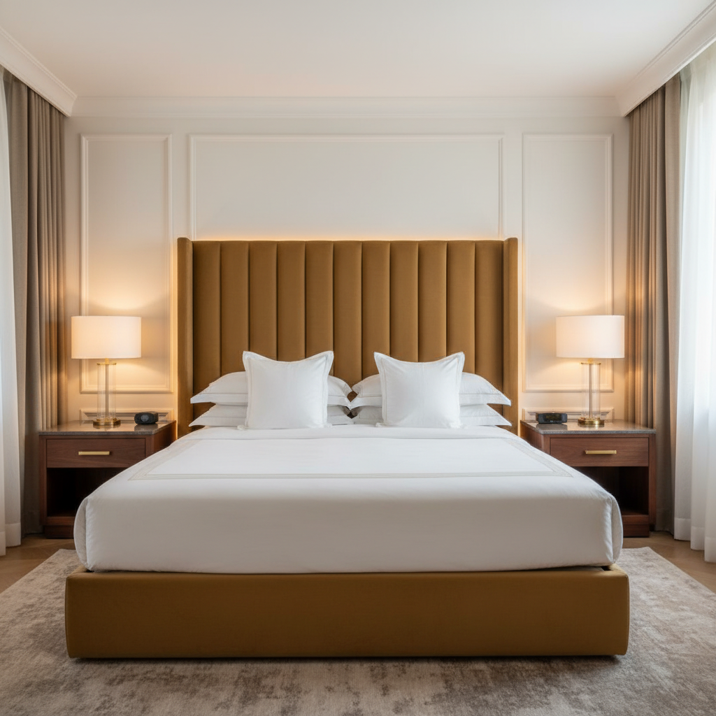 Smooth Solid Color Golden Brown Upholstered Headboard | Architectural Fabrics