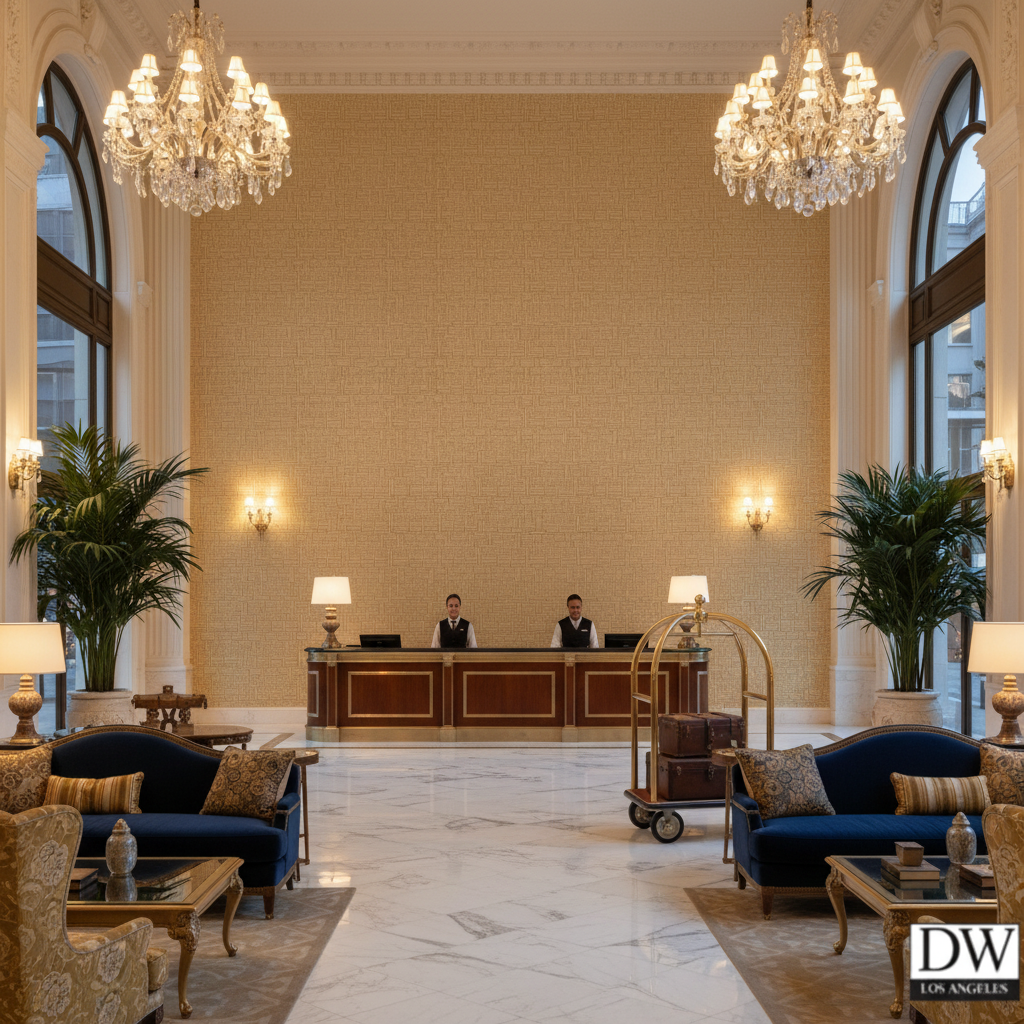 Moroccan Cream Basketweave | Hollywood Wallcoverings - Hotel Lobby commercial room setting