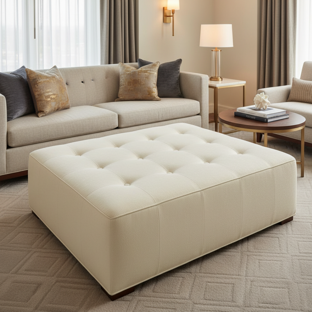 Fine Pebble Grain Creamy Ivory Upholstered Ottoman | Architectural Fabrics