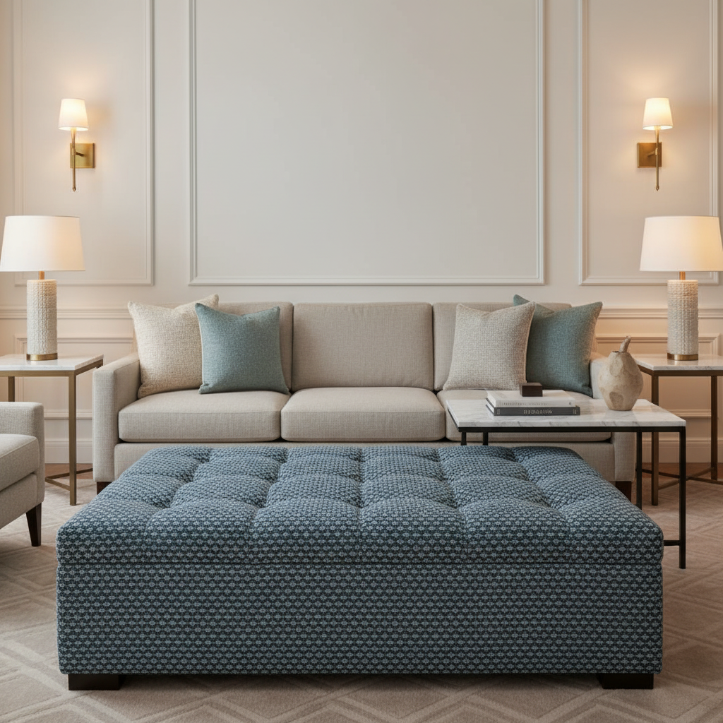 Geometric Woven Texture Denim Blue Upholstered Ottoman | Architectural Fabrics