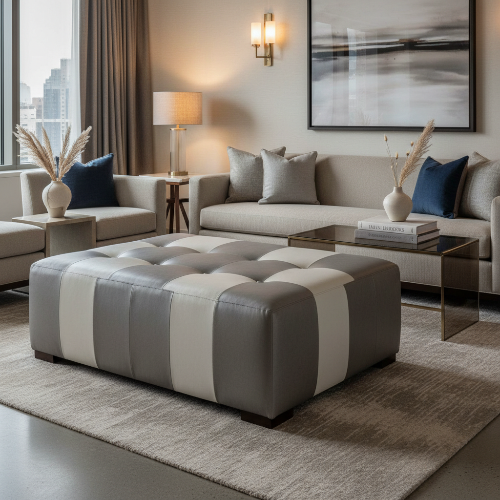 Palmyra Pewter Contemporary ivory & charcoal Upholstered Ottoman | Architectural Fabrics