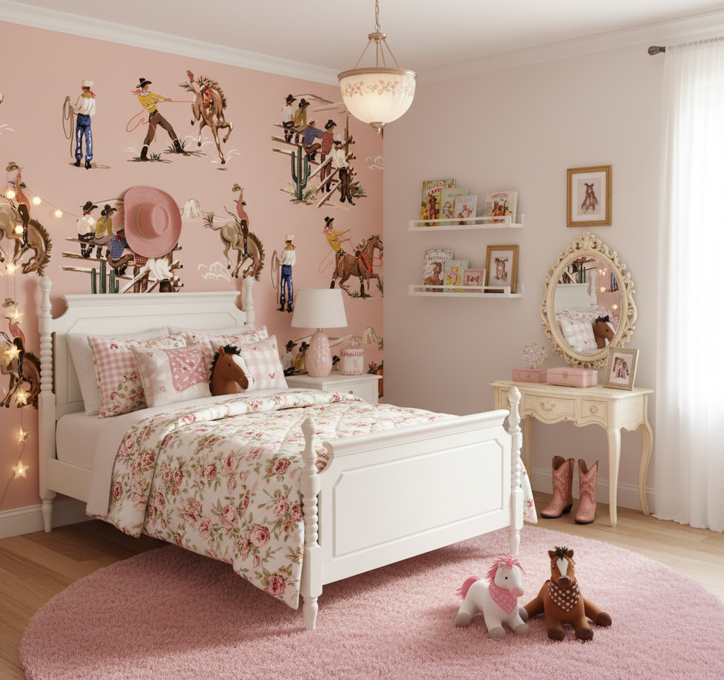 The Original Yeeha 1950's Cowboy -Blush Pink Mid-Century Modern | Architectural Wallcoverings - Girls Bedroom Room Setting