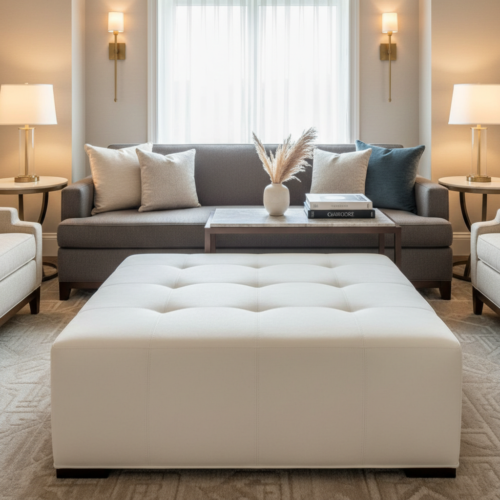 Ultrasuede Parchment -  White Upholstered Ottoman | Ultrasuede Upholstery