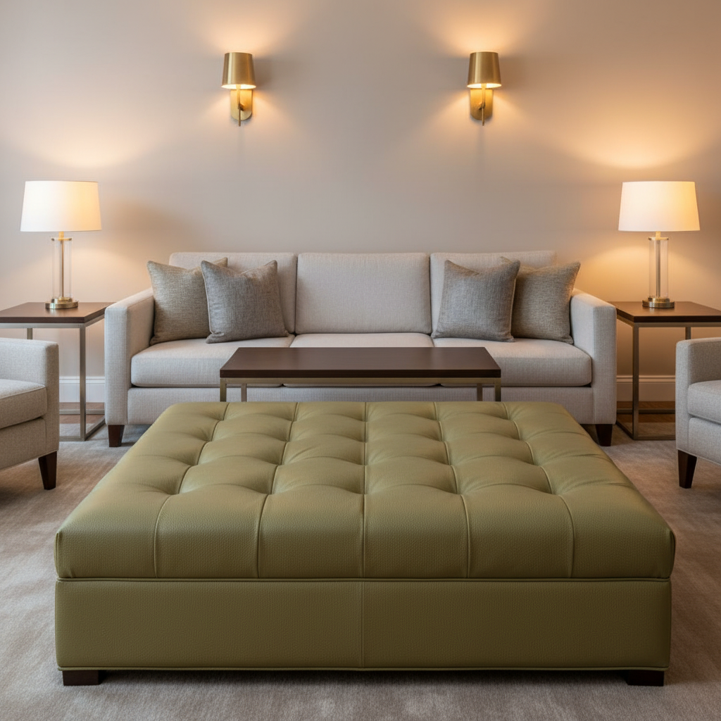 Smooth Pebble Grain Olive Gold Upholstered Ottoman | Architectural Fabrics