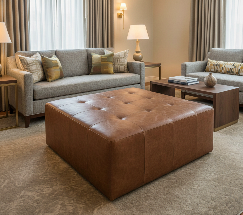 BELLAMY - Russet Faux Leather Upholstered Ottoman | Architectural Fabrics