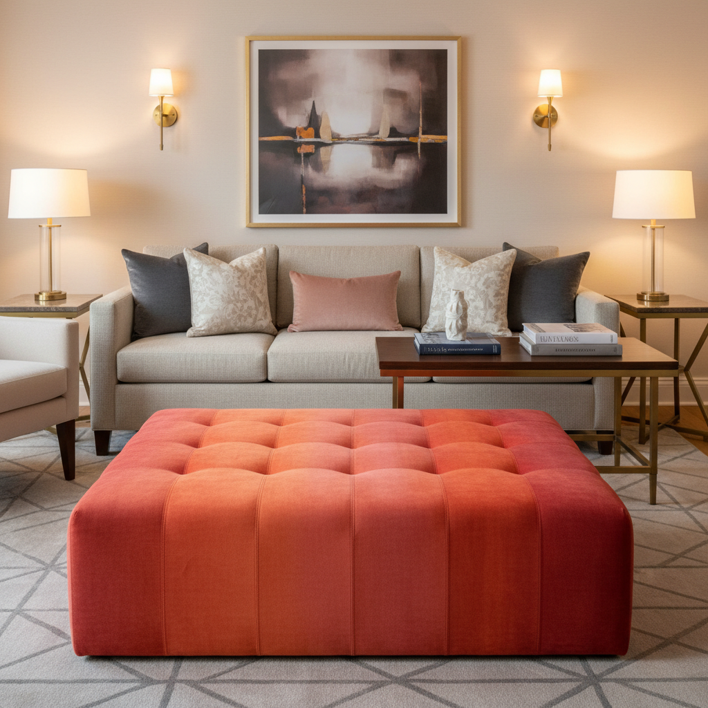 Ultrasuede  Nectarine Orange, Pink, Red Upholstered Ottoman | Ultrasuede Upholstery