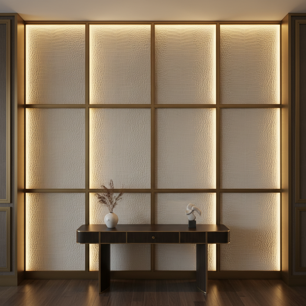 Embossed Reptile Scale Ivory Cream Upholstered Wall Panel | Architectural Fabrics