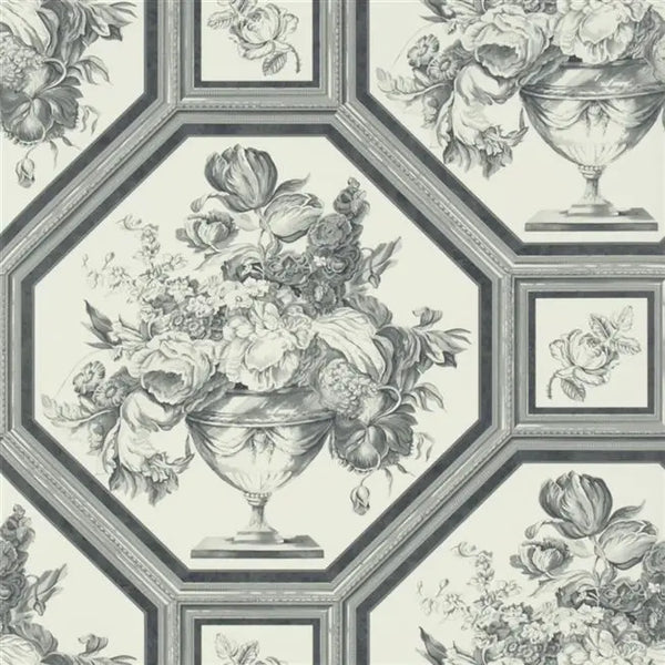 Wyatt Framed Floral Charcoal Wallpaper | Designers Guild Europe