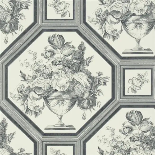 Wyatt Framed Floral Charcoal Wallpaper | Designers Guild Europe