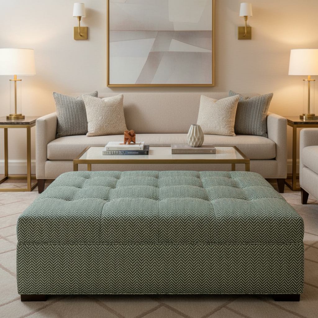 Woven Chevron Pattern Teal Sand Upholstered Ottoman | Architectural Fabrics