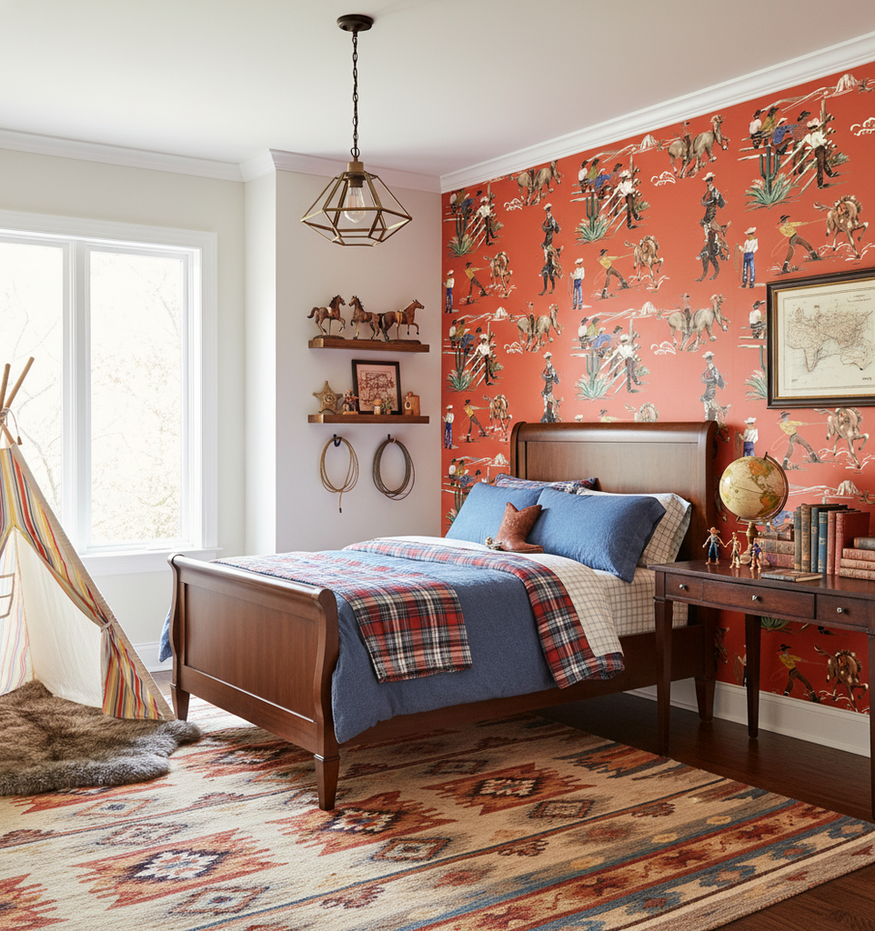 The Original Yeeha 1950's Cowboy - Orange Spice Mid-Century Modern | Architectural Wallcoverings - Boys Adventure Bedroom Room Setting