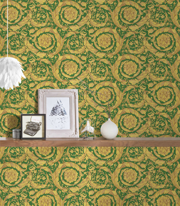 Versace Ornamental Floral Green, Metallic, Yellow Wallcovering | Versace