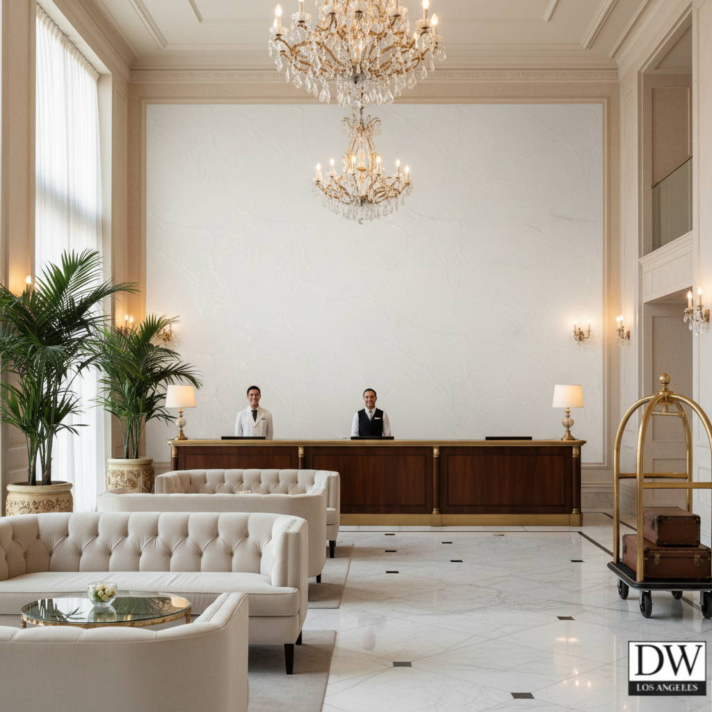 Vomera Snow White Faux Travertine | Hollywood Wallcoverings - Hotel Lobby commercial room setting