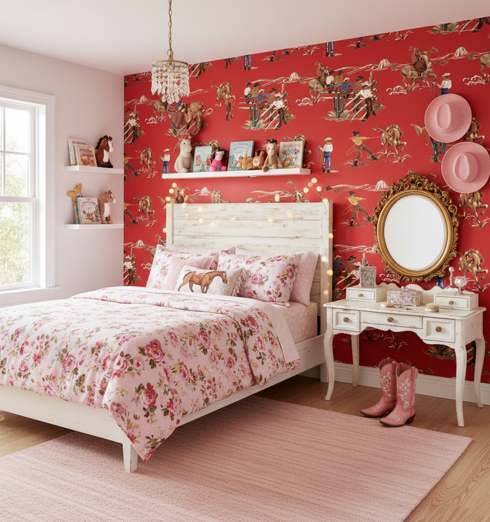 The Original Yeeha 1950's Cowboy - Red Baron Mid-Century Modern | Architectural Wallcoverings - Girls Bedroom Room Setting