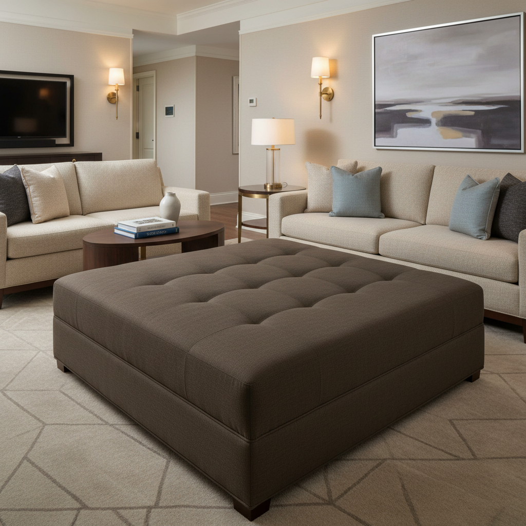 Subtle Linen Weave Dark Chocolate Upholstered Ottoman | Architectural Fabrics