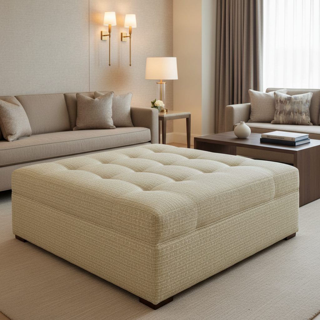 Woven Basketweave Texture Natural Straw Upholstered Ottoman | Architectural Fabrics
