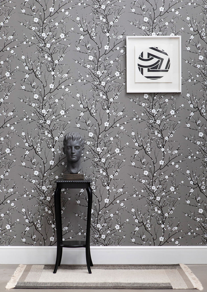 Blossom Branch White & Black on Warm Grey