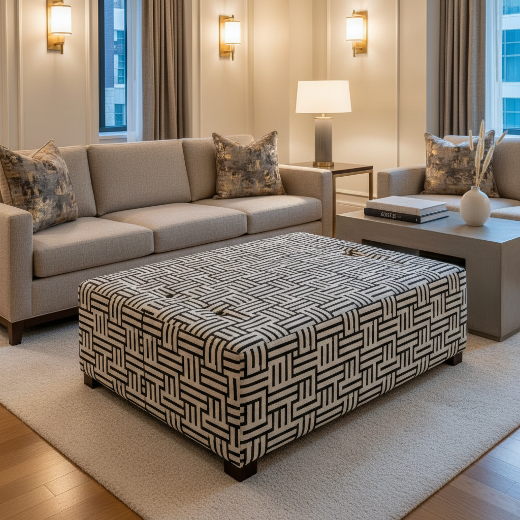 Marshall Black / Blanco Contemporary off-white & black Upholstered Ottoman | Architectural Fabrics