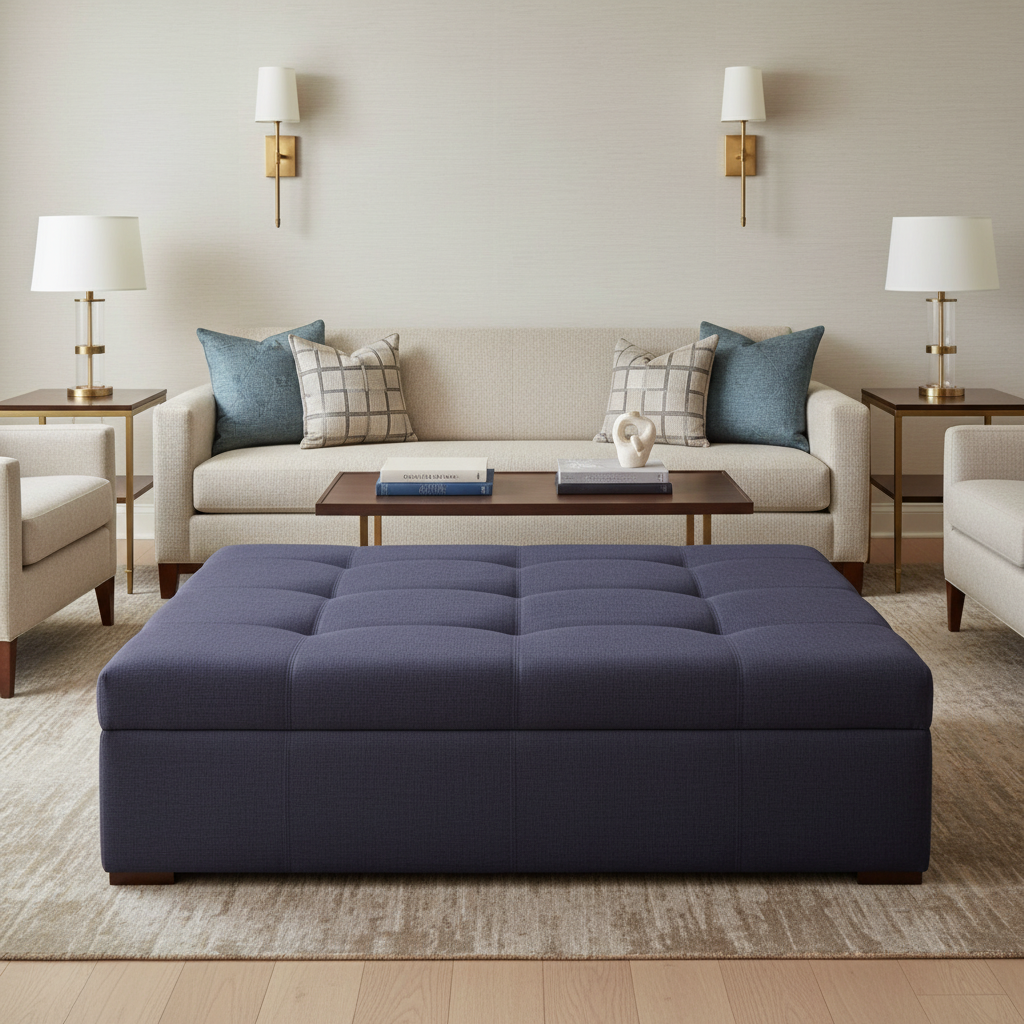 Subtle Velvet Texture Deep Indigo Upholstered Ottoman | Architectural Fabrics