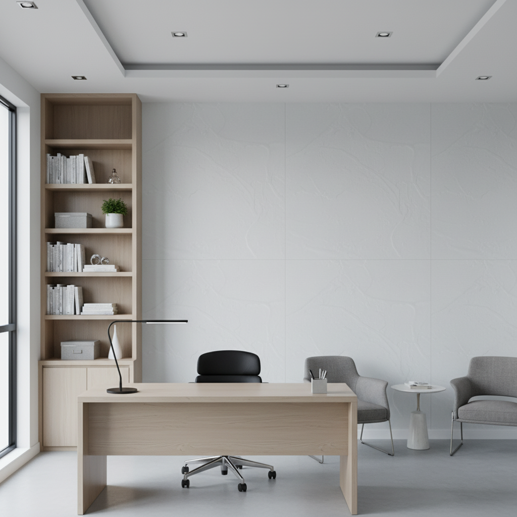 Vomera Snow White Faux Travertine | Hollywood Wallcoverings - Corporate Office commercial room setting