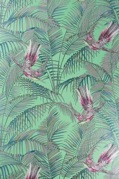 Sunbird Leaves Birds Branches Emerald Wallpaper | Osborne & Little Europe