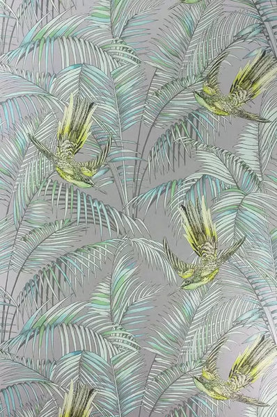 Sunbird Leaves Birds Branches Grey Wallpaper | Osborne & Little Europe