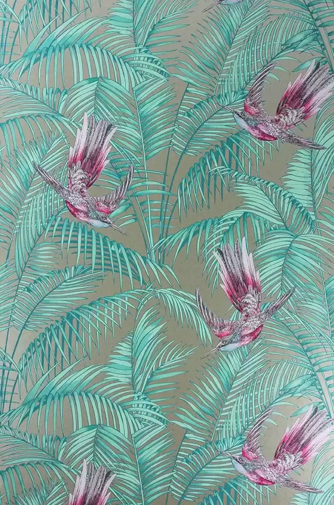 Sunbird Leaves Birds Branches Aqua Wallpaper | Osborne & Little Europe