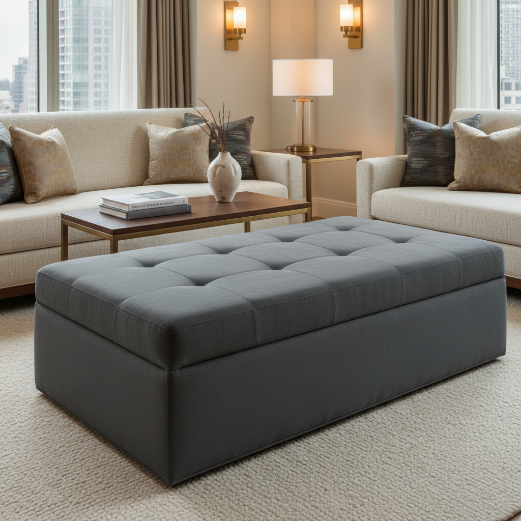 Ultrasuede  Deep French Grey  Grey Upholstered Ottoman | Ultrasuede Upholstery