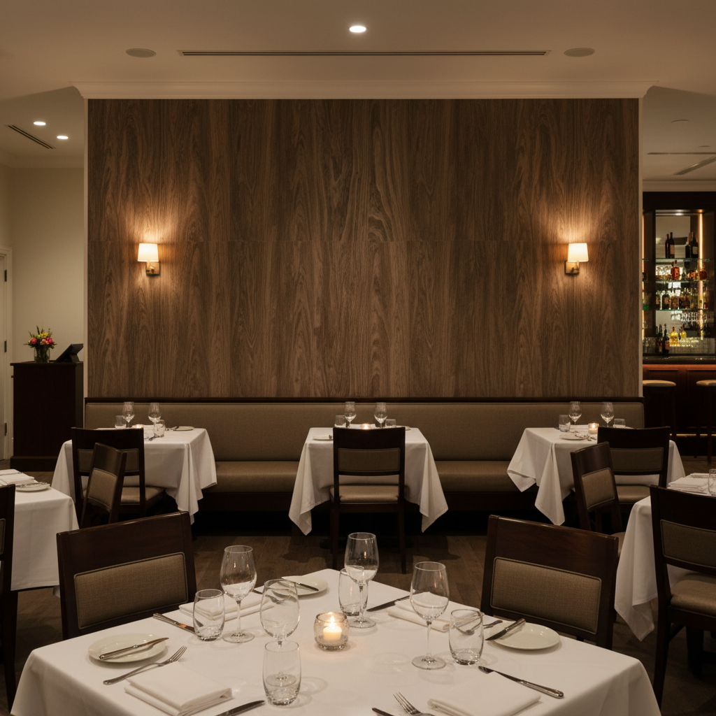 Biscay Bay Walnut Wood Grain | Hollywood Wallcoverings - Restaurant Dining commercial room setting