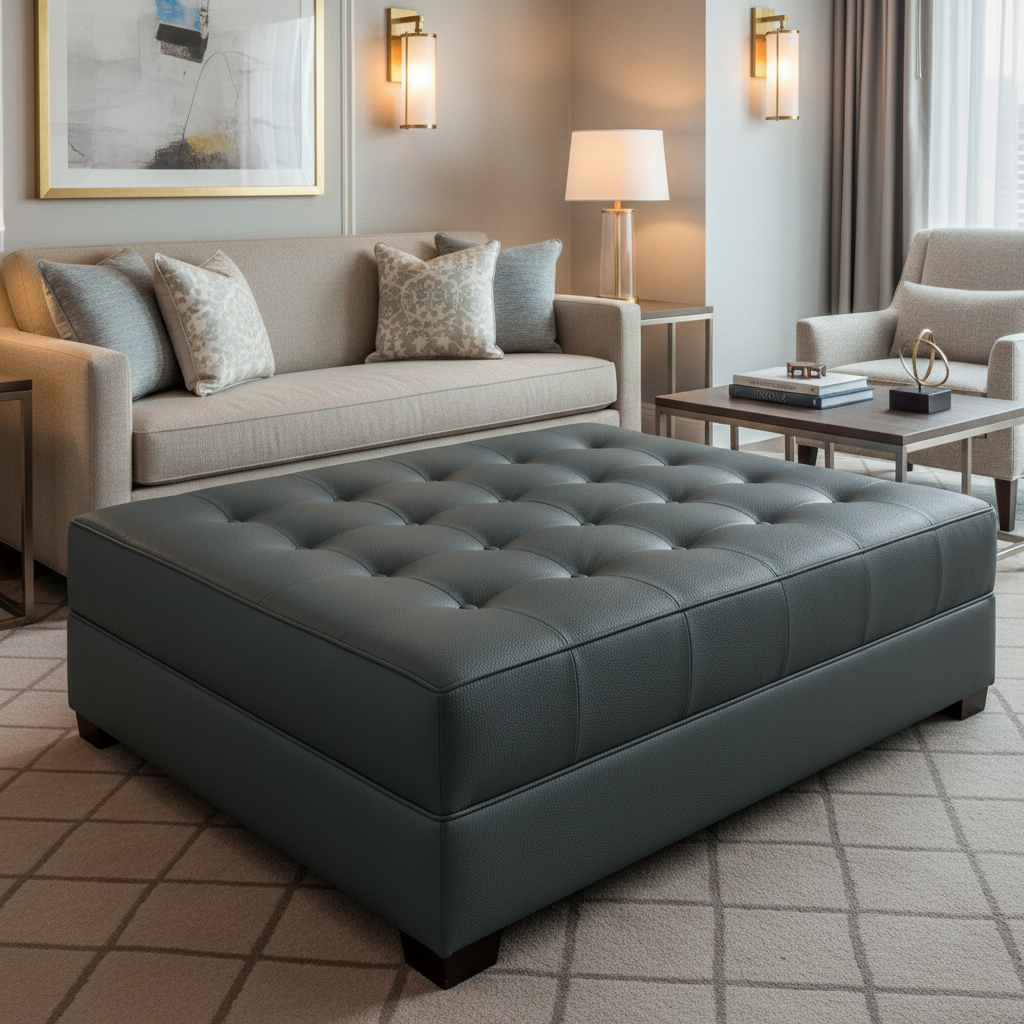 Smooth Pebble Grain Deep Charcoal Upholstered Ottoman | Architectural Fabrics
