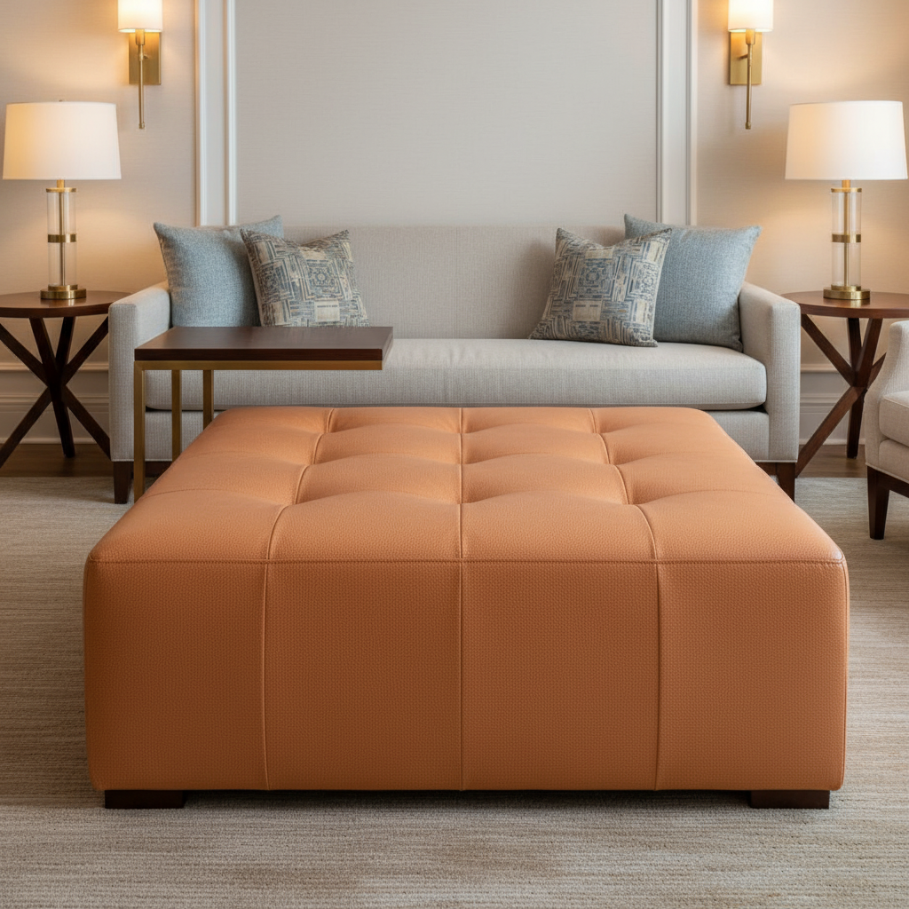 Fine Pebble Grain Golden Apricot Upholstered Ottoman | Architectural Fabrics