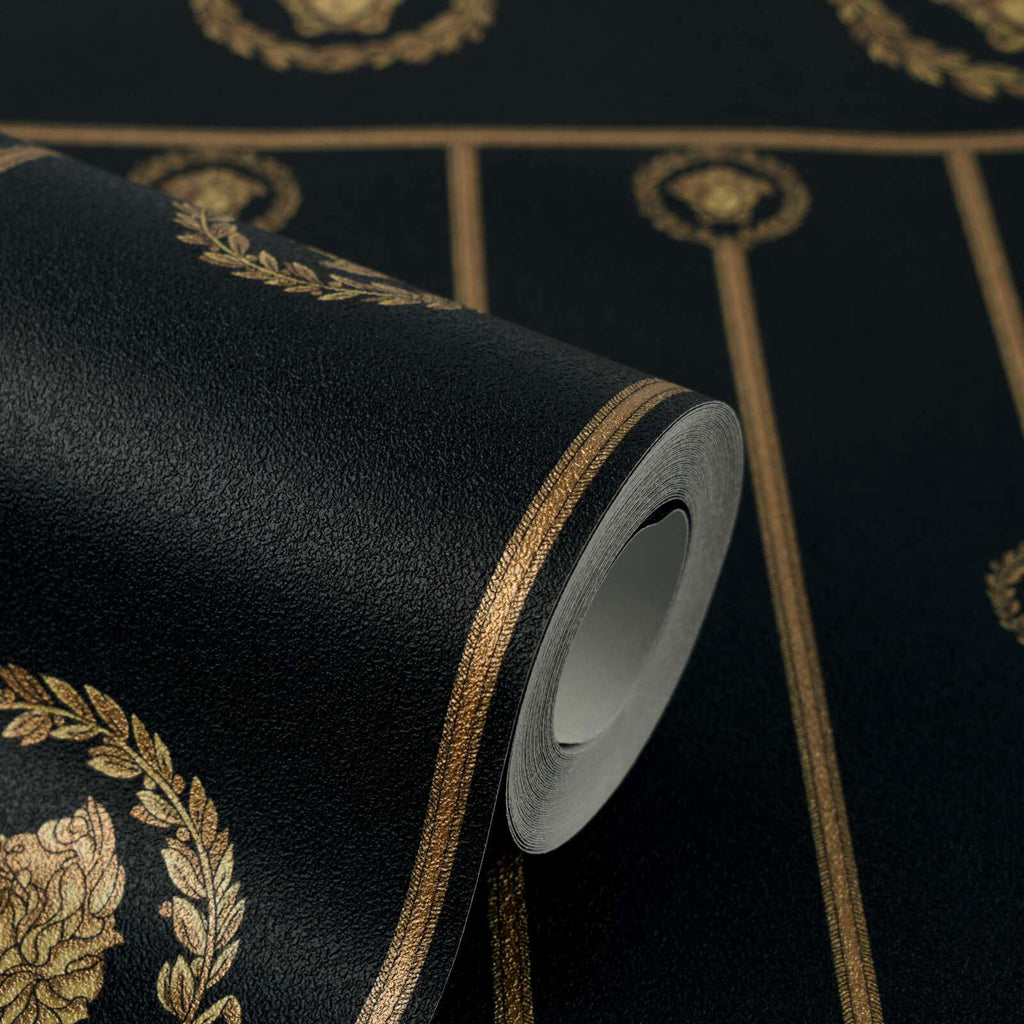 I Love Baroque Medusa Stripe Black Gold Versace Home Wallcovering